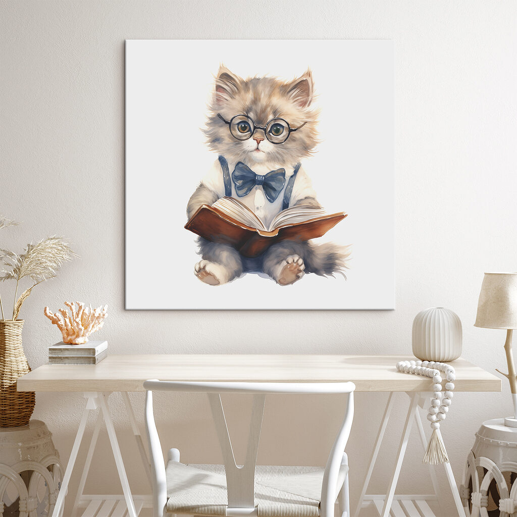 A cat wearing glasses and a bow tie reading a book