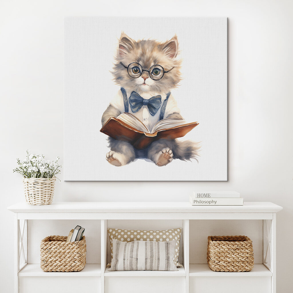 A cat wearing glasses and a bow tie reading a book