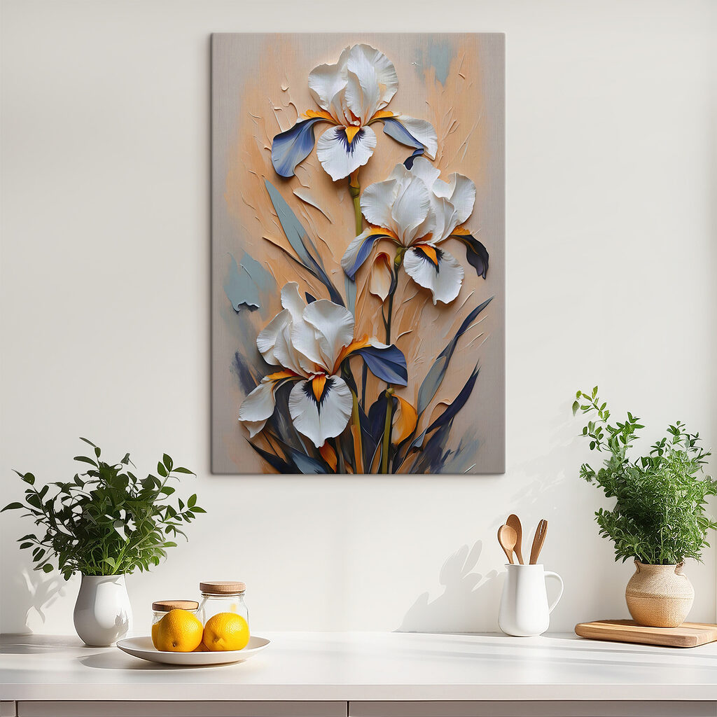 A painting of white flowers and blue leaves
