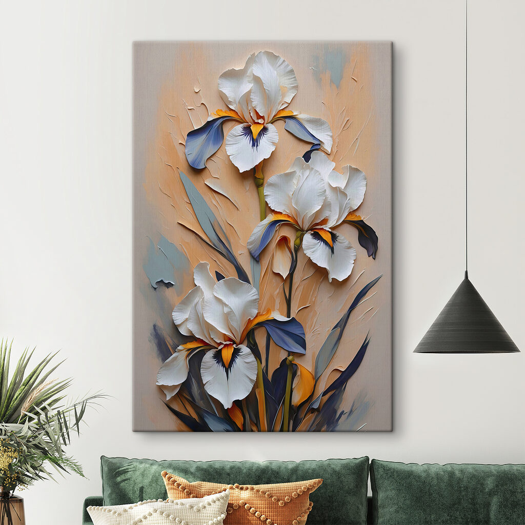 A painting of white flowers and blue leaves