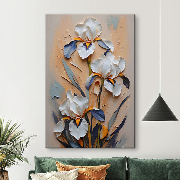 A painting of white flowers and blue leaves