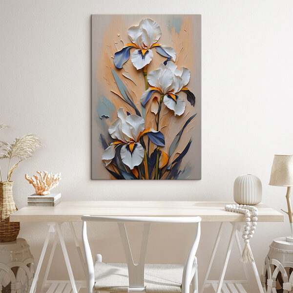 A painting of white flowers and blue leaves