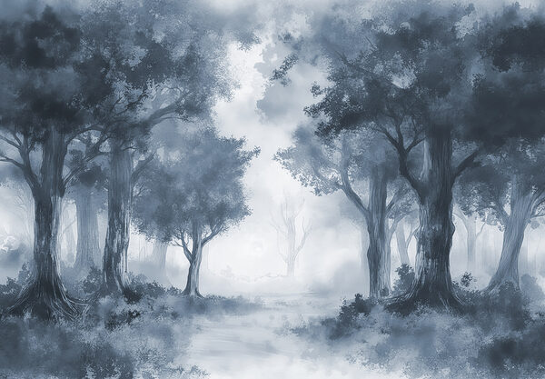 A foggy forest with trees and bushes A foggy forest with trees and bushes