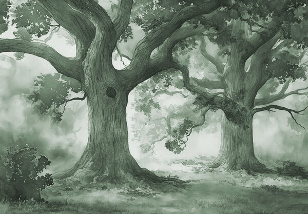 Een groep bomen in een mistig bos Een groep bomen in een mistig bos