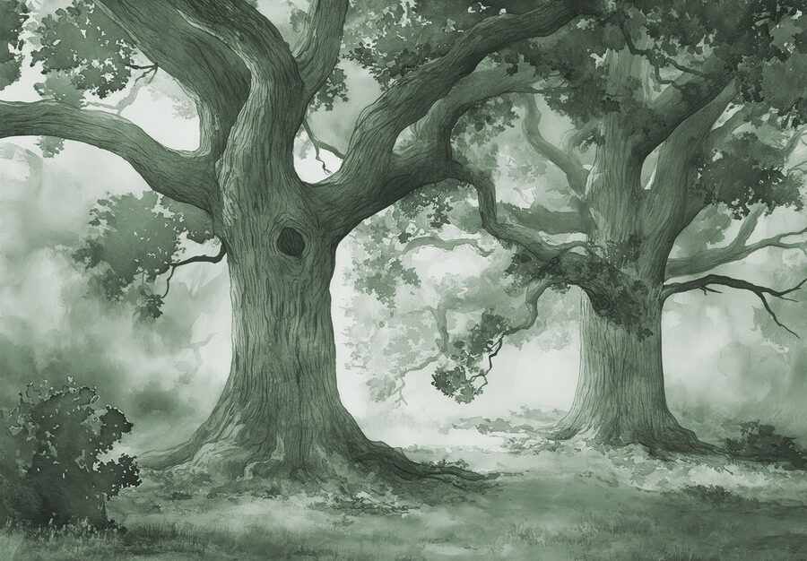 Een groep bomen in een mistig bos