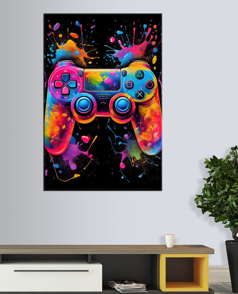 A video game controller with colorful paint splatters A video game controller with colorful paint splatters