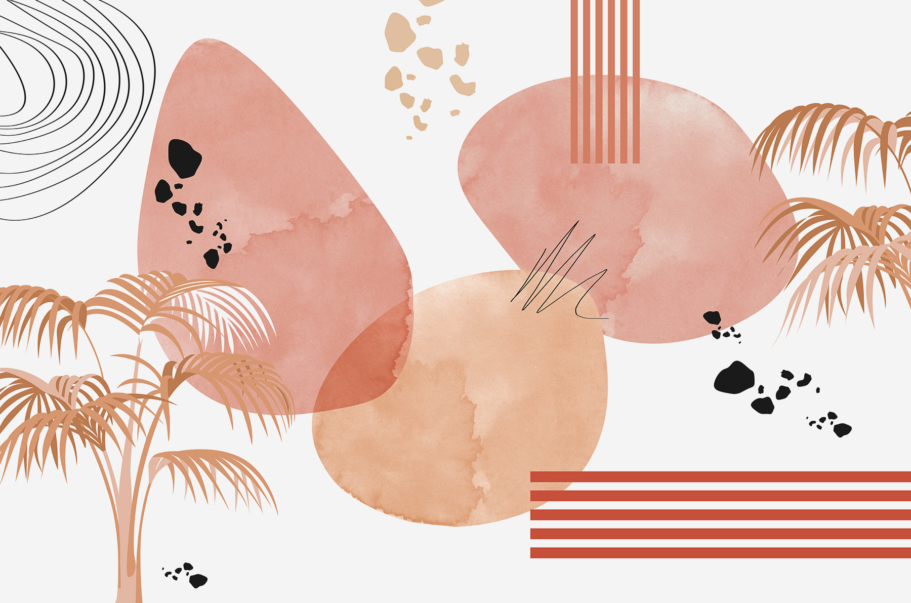 A art of pink and black circles and a palm tree