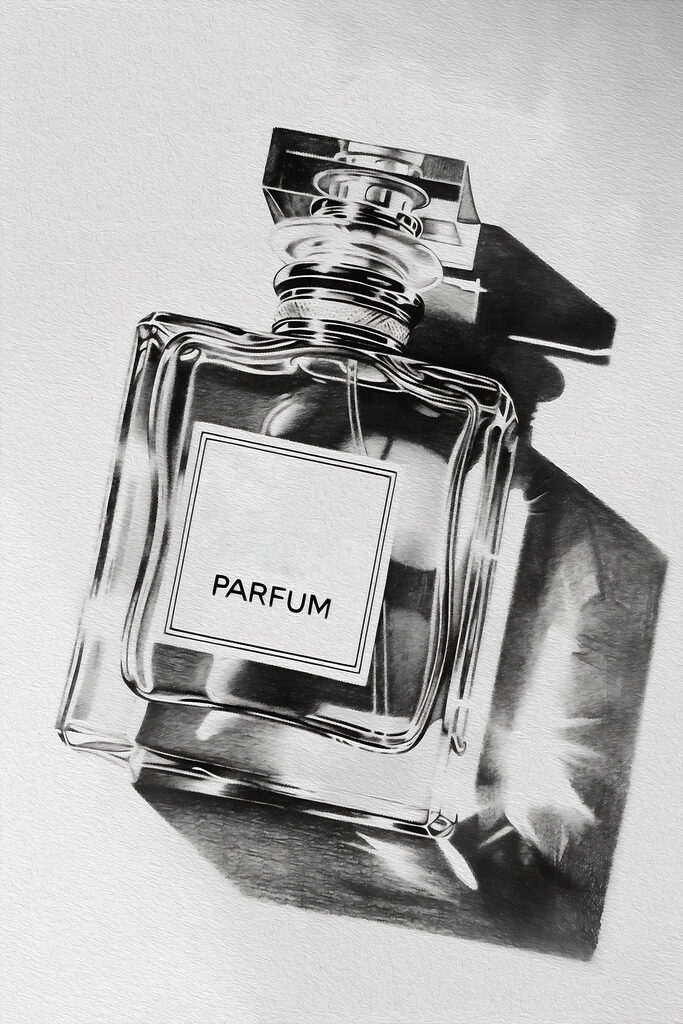 A black and white photo of a bottle of perfume