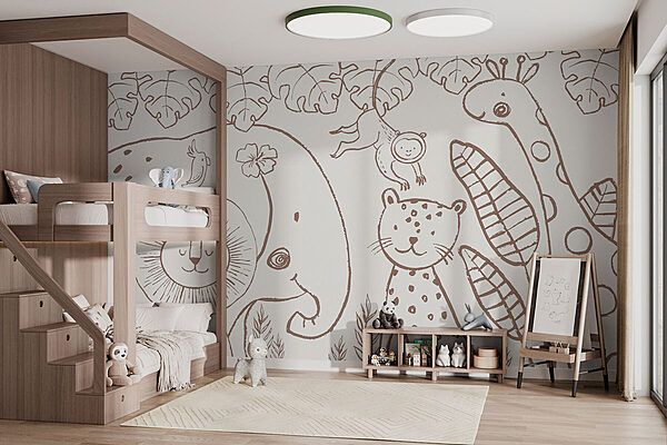 Een tekening van dieren en planten Fotobehang Een tekening van dieren en planten