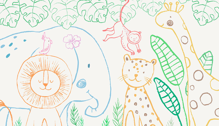 Een tekening van dieren en planten