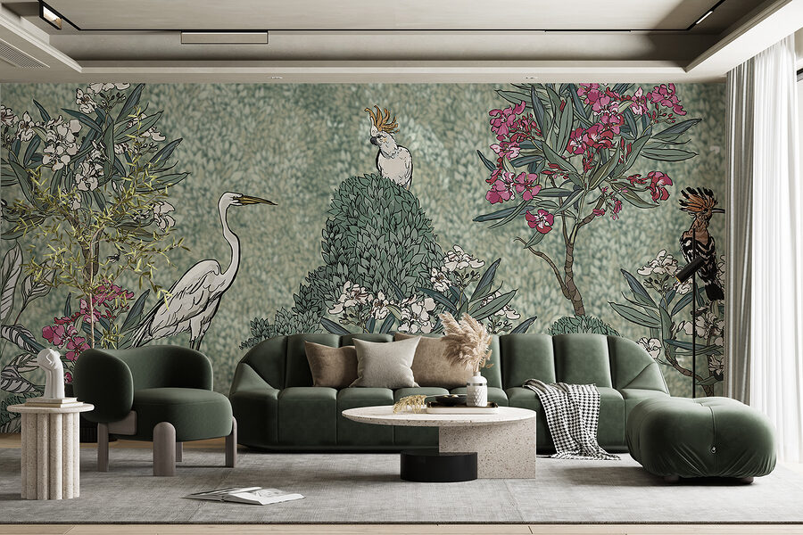Een schilderij van vogels en bloemen Een schilderij van vogels en bloemen