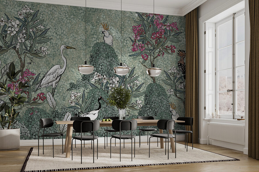 Een schilderij van vogels en bloemen Een schilderij van vogels en bloemen