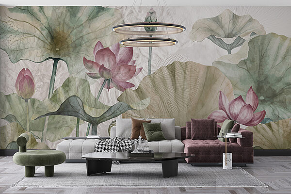 Een schilderij van bloemen en bladeren Een schilderij van bloemen en bladeren