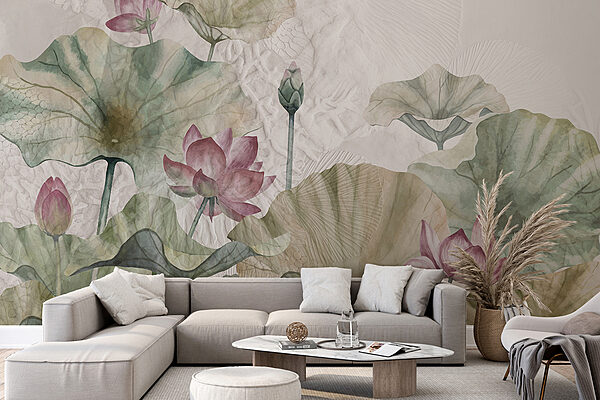 Een schilderij van bloemen en bladeren Een schilderij van bloemen en bladeren