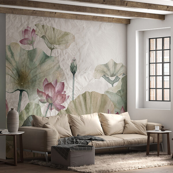 Een schilderij van bloemen en bladeren Een schilderij van bloemen en bladeren