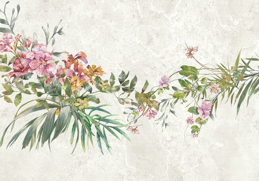 Een schilderij van bloemen en bladeren