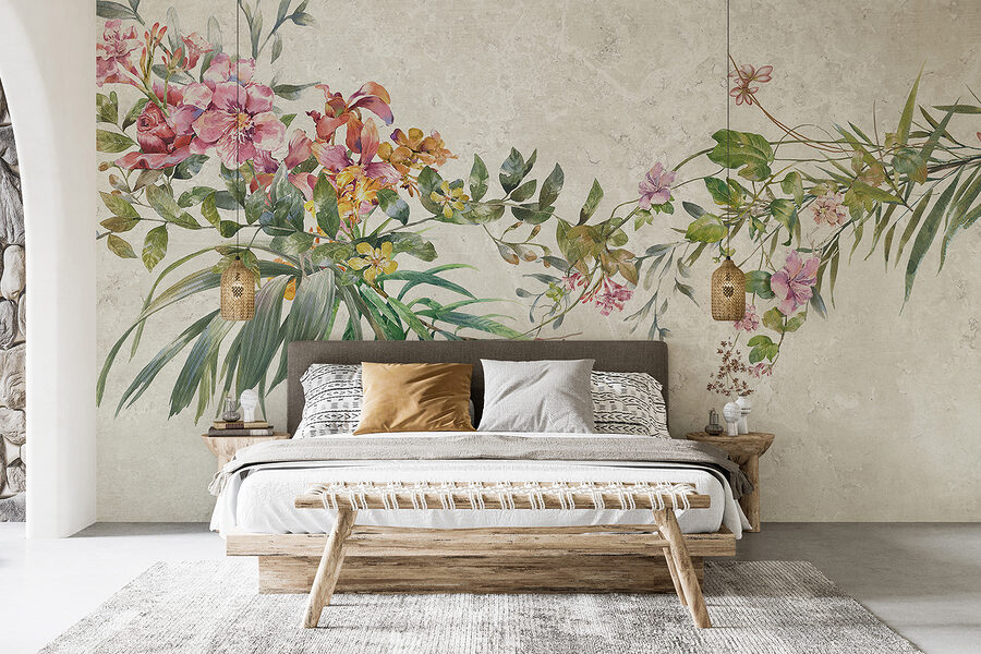 Een schilderij van bloemen en bladeren