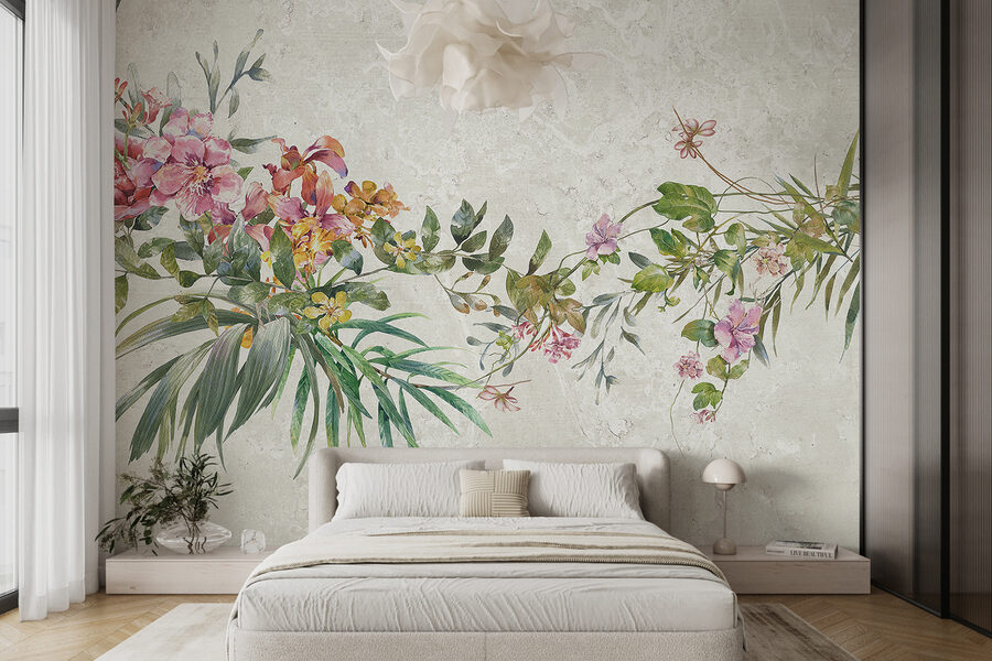 Een schilderij van bloemen en bladeren