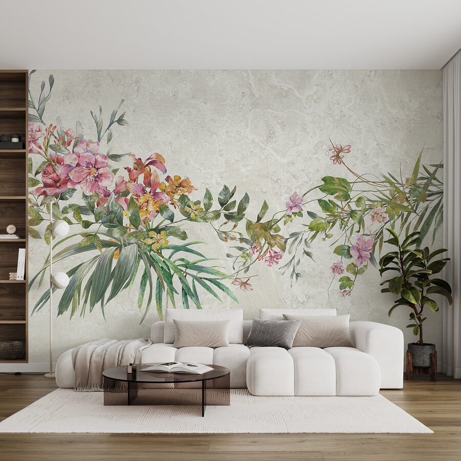 Een schilderij van bloemen en bladeren