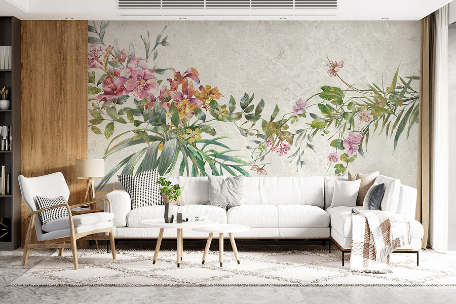 Een schilderij van bloemen en bladeren