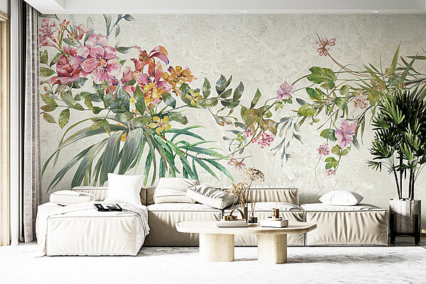 Een schilderij van bloemen en bladeren Een schilderij van bloemen en bladeren