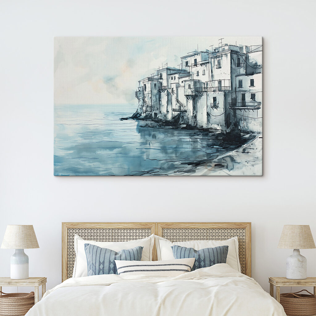 A watercolor of a building next to a body of water A watercolor of a building next to a body of water