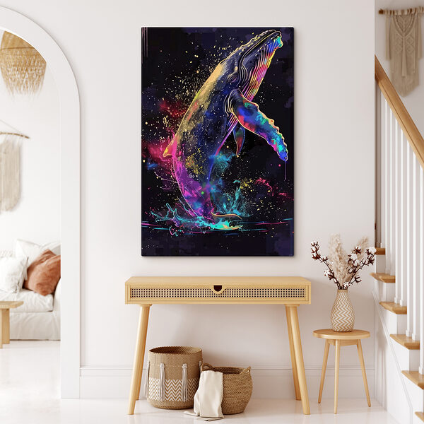 Een kleurrijke walvis met regenboogspatten Een kleurrijke walvis met regenboogspatten