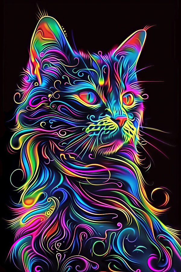 Een kleurrijke kat met een zwarte achtergrond Een kleurrijke kat met een zwarte achtergrond