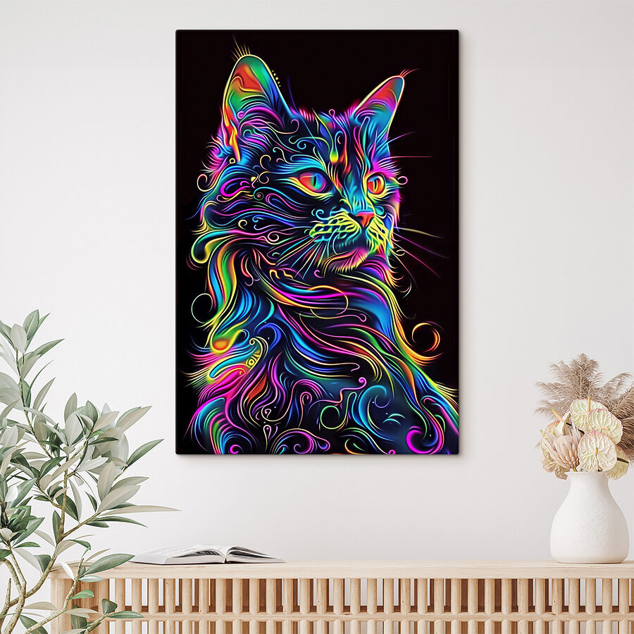 Een kleurrijke kat met een zwarte achtergrond