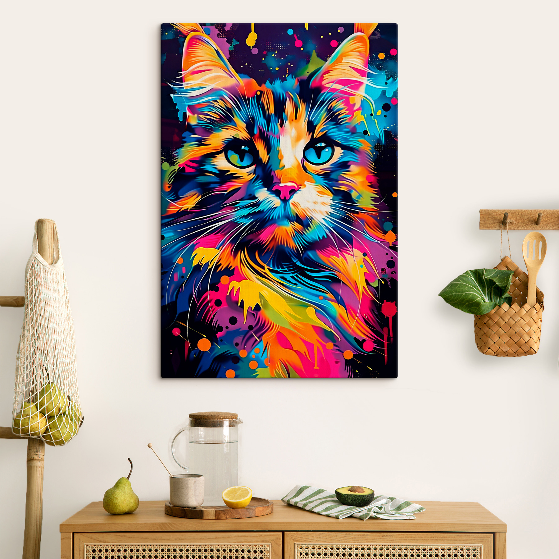 A colorful cat with blue eyes