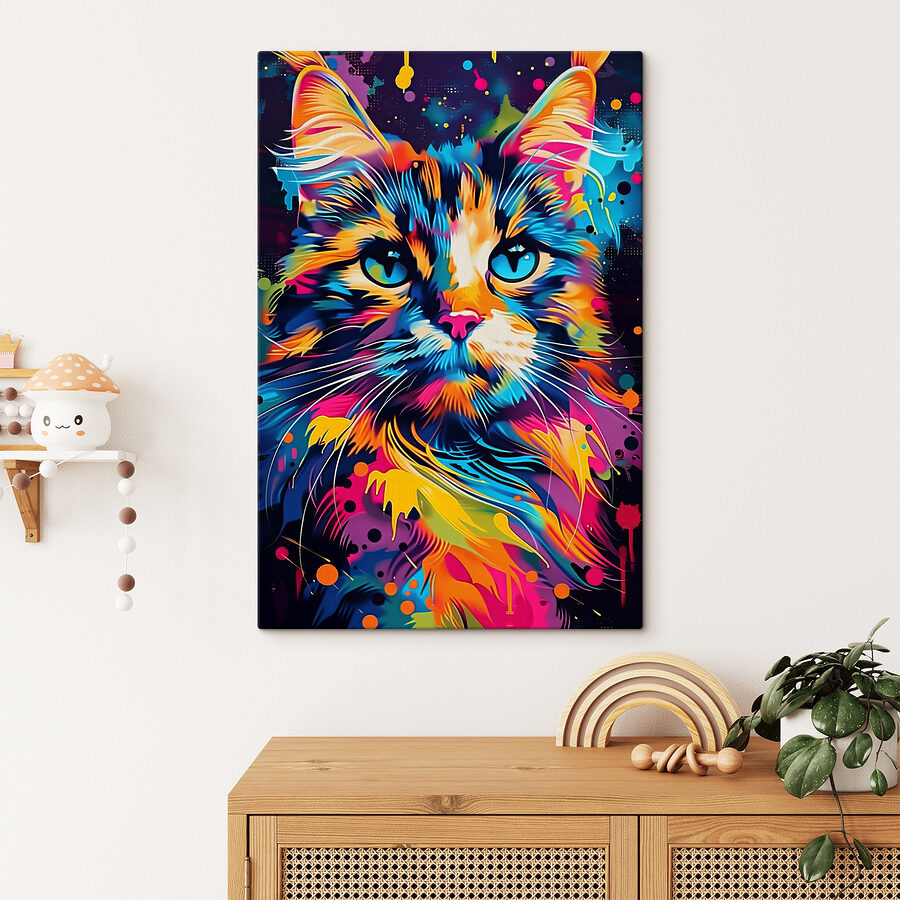 Een kleurrijke kat met blauwe ogen