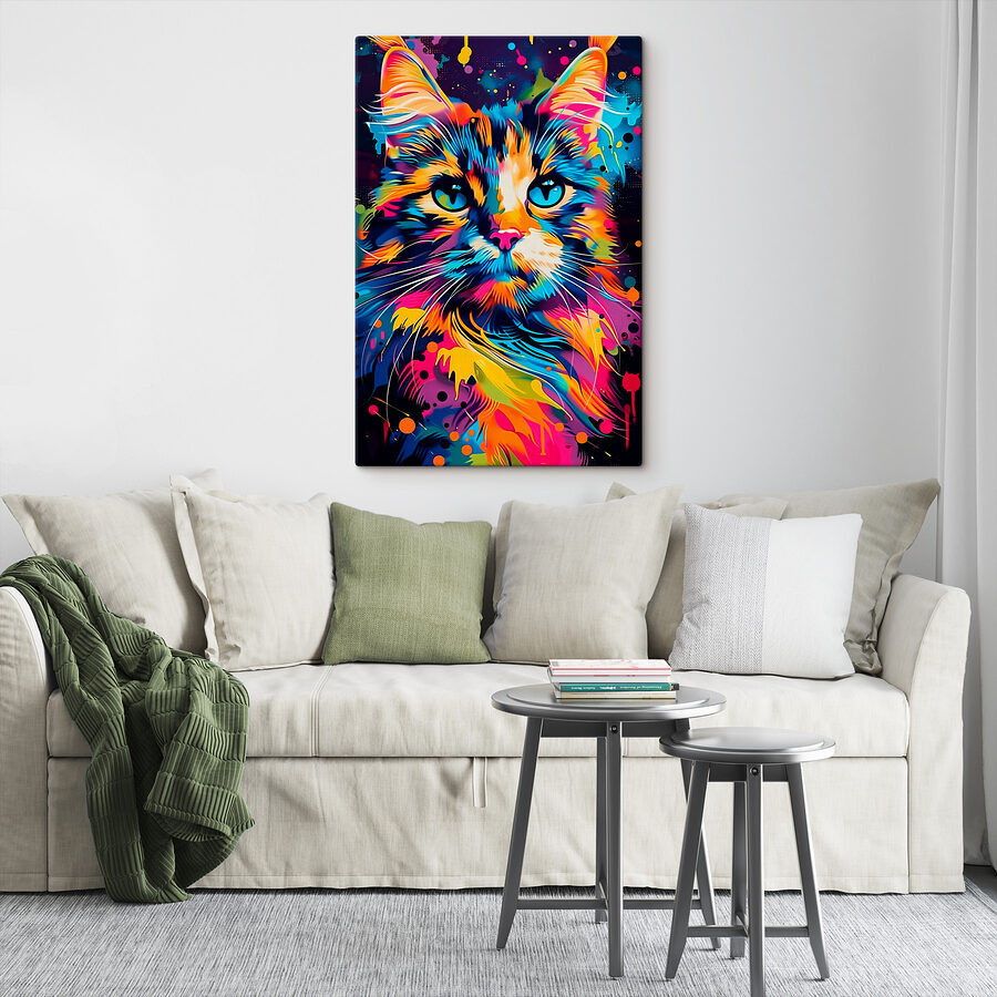 Een kleurrijke kat met blauwe ogen
