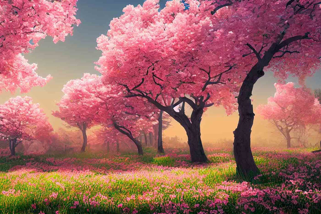A field of pink flowers with trees A field of pink flowers with trees