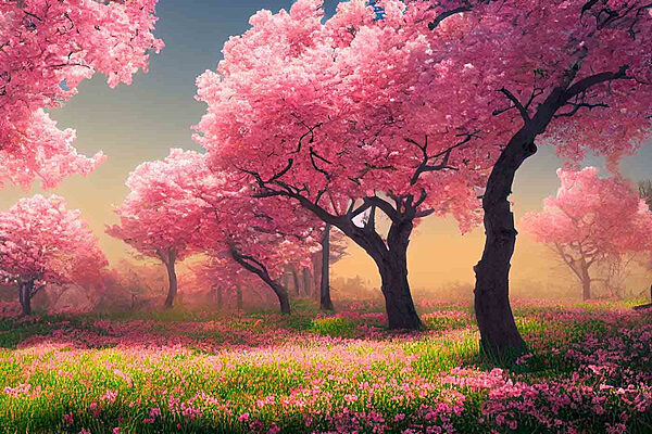 Een veld met roze bloemen en bomen Een veld met roze bloemen en bomen