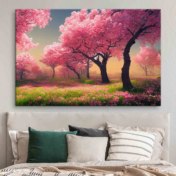 Een veld met roze bloemen en bomen Een veld met roze bloemen en bomen