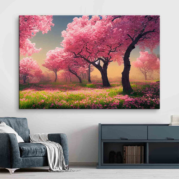 Een veld met roze bloemen en bomen Een veld met roze bloemen en bomen