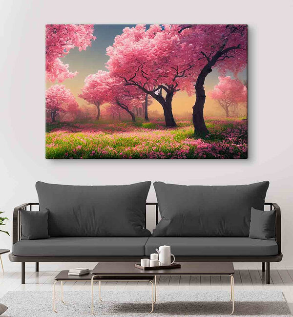 Een veld met roze bloemen en bomen Een veld met roze bloemen en bomen