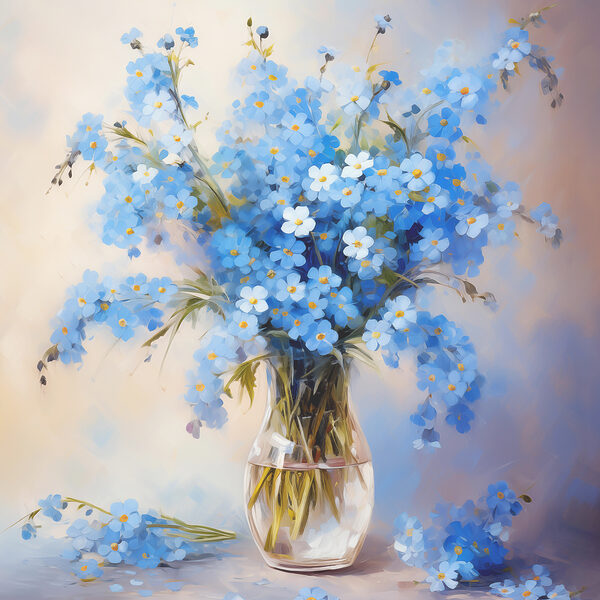 Een schilderij van blauwe bloemen in een vaas Een schilderij van blauwe bloemen in een vaas