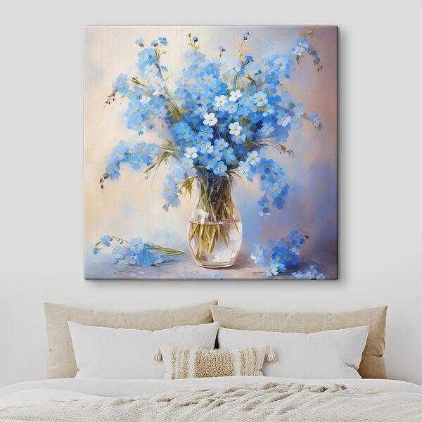 Een schilderij van blauwe bloemen in een vaas Een schilderij van blauwe bloemen in een vaas