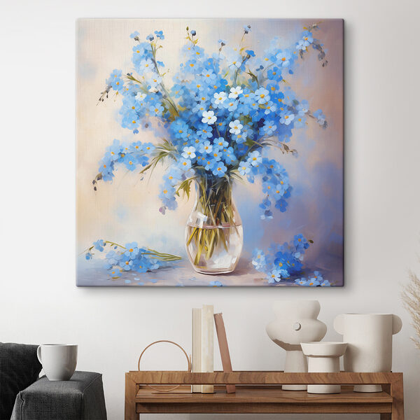 Een schilderij van blauwe bloemen in een vaas Een schilderij van blauwe bloemen in een vaas