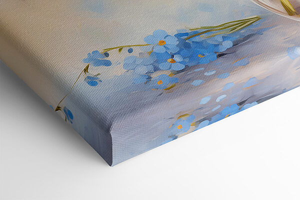 Een schilderij van blauwe bloemen in een vaas Een schilderij van blauwe bloemen in een vaas