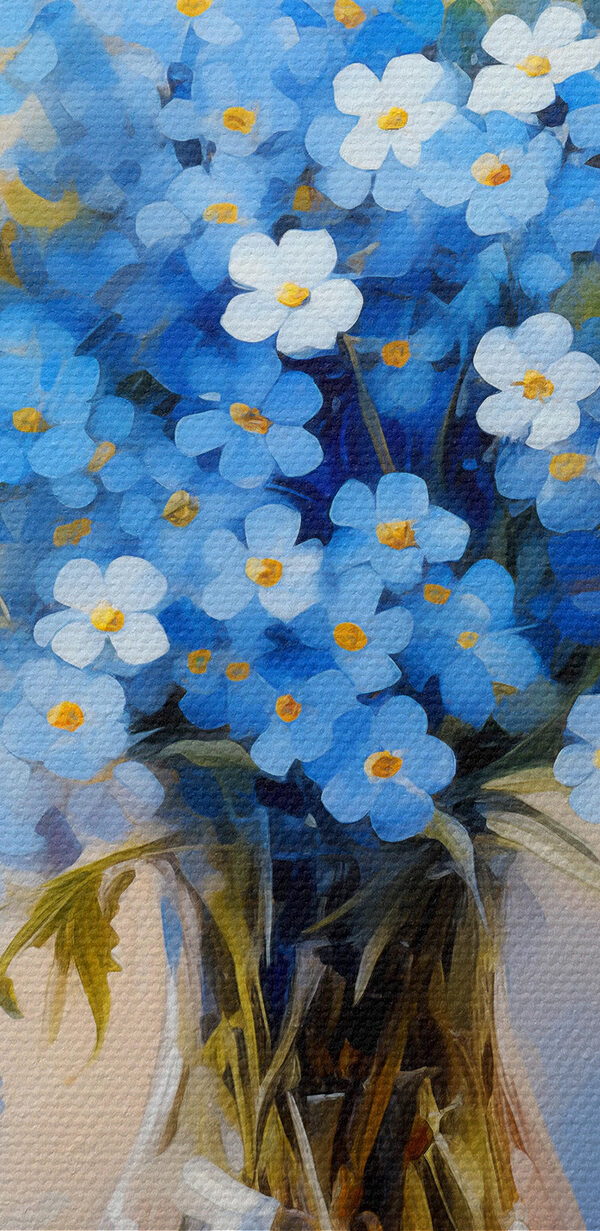 Een schilderij van blauwe bloemen in een vaas Een schilderij van blauwe bloemen in een vaas