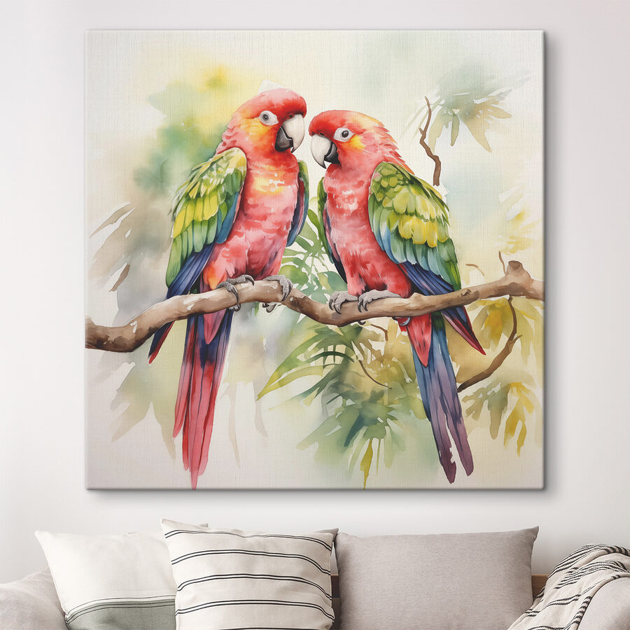 Canvas Schilderijen Twee vogels op een tak