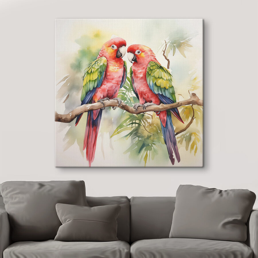 Canvas Schilderijen Twee vogels op een tak - Afbeelding 2