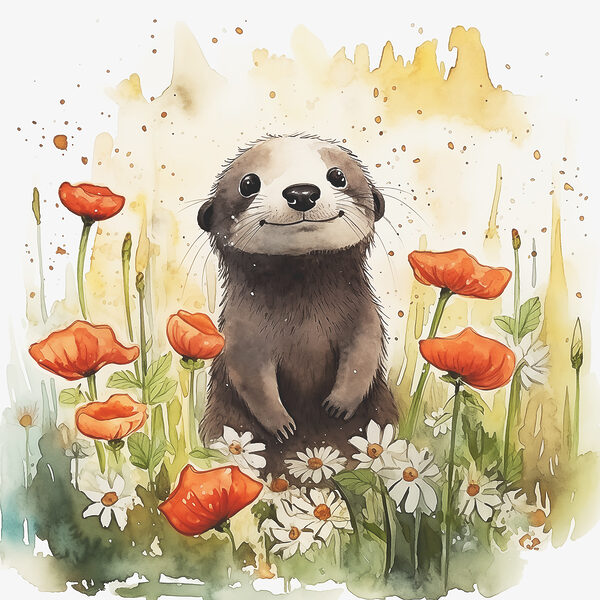 Een aquarel van een dier in een bloemenveld Een aquarel van een dier in een bloemenveld