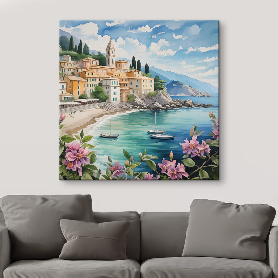 Een schilderij van een stad op een strand met boten en bloemen
