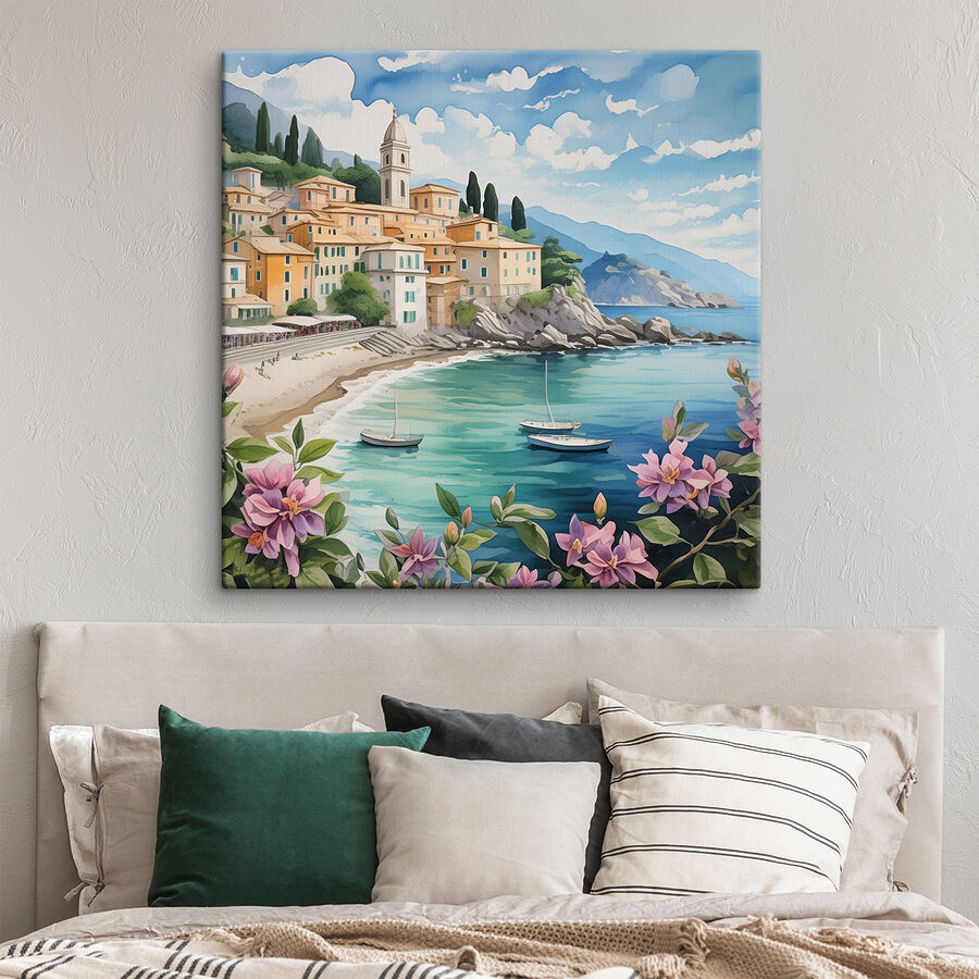 Een schilderij van een stad op een strand met boten en bloemen