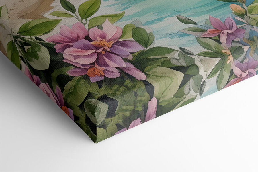 Een schilderij van een stad op een strand met boten en bloemen