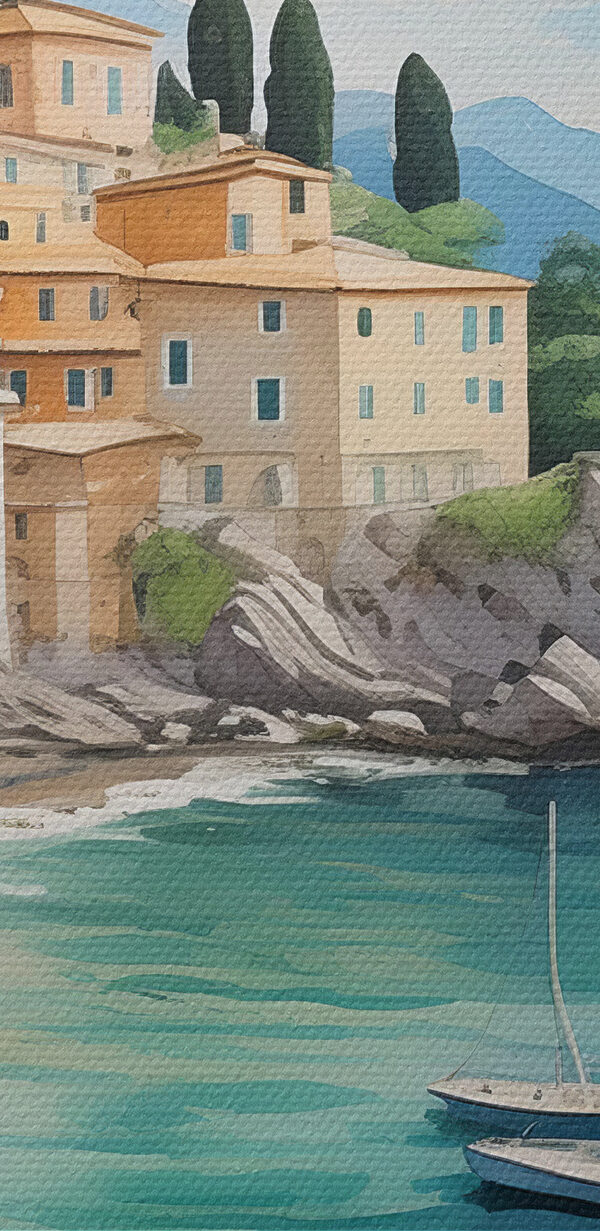 Een schilderij van een stad op een strand met boten en bloemen Een schilderij van een stad op een strand met boten en bloemen