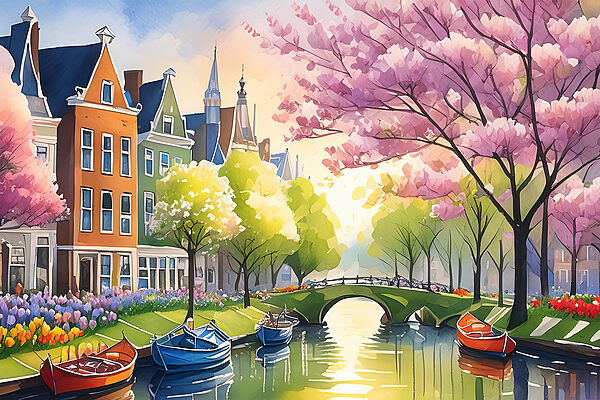 Een waterkanaal met boten en bomen en een brug Een waterkanaal met boten en bomen en een brug
